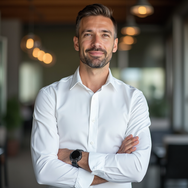 A man posing for his Headshot in White Shirt